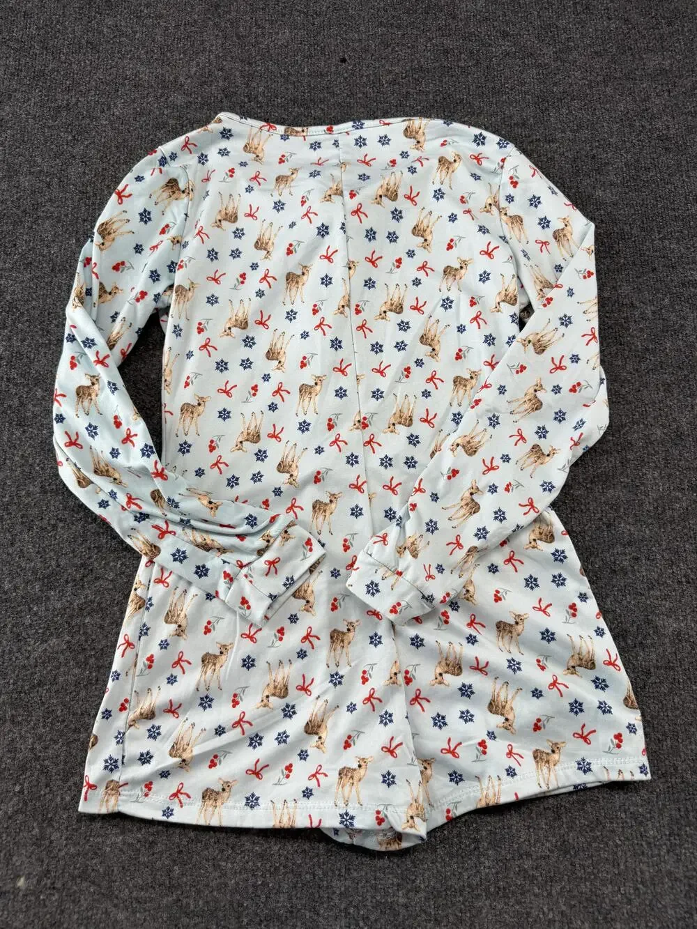 Pajama Romper Womens M Blue Deer Snowflake Christmas Fleece Button Long Sleeve